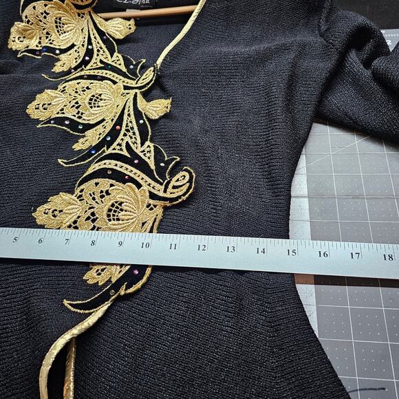 Vintage Floral Sweater Womens Med Black Gold Glam Rock Knit Embellished Evening - Picture 10 of 10